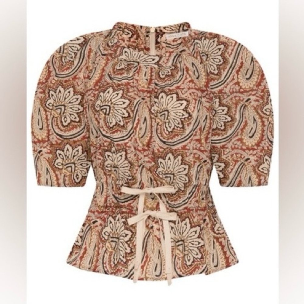 Anna Cate Nicolette Top Red Brown Paisley Floral Peplum Puff Sleeve size Small